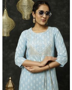 Blue Ethnic Motif Printed Embroidered Straight Kurta 