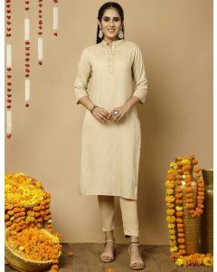 Beige Zari Work Striped Straight Kurta 