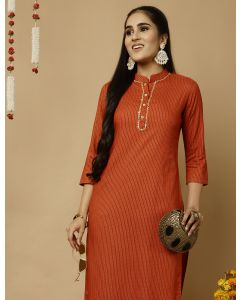 Rust Zari Work Striped Straight Kurta 