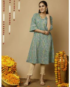 Turquoise Blue Paisley Print Pakistani Kurta