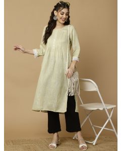 Printed Lime Green Pleated Straight Kurta 