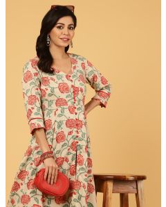 Red Floral Print Cotton Anarkali Kurta