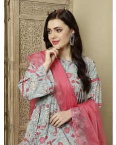 Blue Floral Printed Pakistani Kurta With Salwar And Dupatta