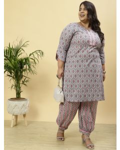 Plus Size Grey Ethnic Printed Kurta With Printed Afghani Salwar 