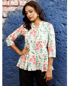 Beige Abstract Printed Pleated Cotton Top 