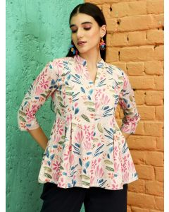 Pink Abstract Printed Pleated Cotton Top 