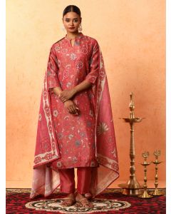 Floral Embroidered A-Line Silk Blend Kurta & Trousers Sets-1C24KPTDR0016 Rust
