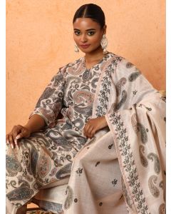 Floral Embroidered A-Line Silk Blend Kurta & Trousers Sets-1C24KPTDR0018 Cream