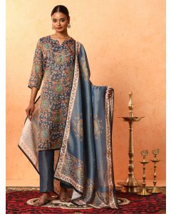 Floral Embroidered A-Line Silk Blend Kurta & Trousers Sets-1C24KPTDR0019 Navy Blue