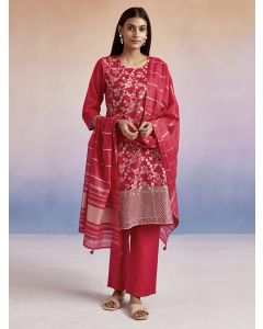 Floral Embroidered Straight Chanderi Cotton Kurta & Trousers Sets-1C24KPTDR003 FUCHSIA