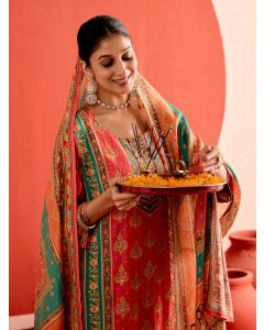 Ethnic Motif Printed Straight Kurta With Palazzo-1C24KPTDR005 Pink