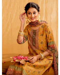 Floral Printed Straight Kurta With Pants-1C24KPTDR006 Mustard