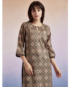 Olive Green Moroccan Printed Straight Kurta