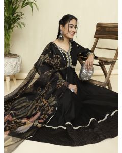 Black Zari Work Anarkali Kurta With Printed Dupatta