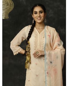 Cream Aari Work Art Silk Kurta With Pants And Dupatta 