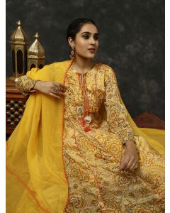 Yellow Floral Printed Mirror Work Anarkali Kurta With Pants And Dupatta