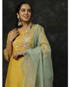 Mustard Aari Work Straight Kurta With Pants And Dupatta	