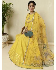 Mustard Chanderi Kantha Embroidered Short Kurta With Skirt And Dupatta