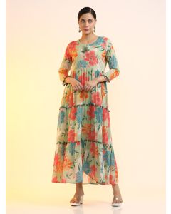 Embroidered Pure Cotton Floral Dress-2004 Green