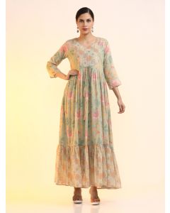 Embroidered Pure Cotton Floral Dress-2073 Grey