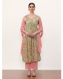 Embroidered Pure Cotton Floral Kurta Sets With Dupatta-2122 Green
