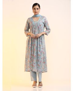 Embroidered Pure Cotton Floral Kurta Sets With Dupatta-2132 Blue
