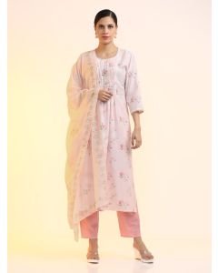 Embroidered Linen Floral Kurta Sets With Dupatta-2157 Off White