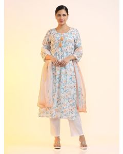 Embroidered Linen Floral Kurta Sets With Dupatta-2161 Off White