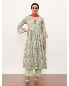Embroidered Pure Cotton Floral Kurta Sets With Dupatta-2190 Light Green