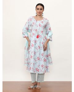 Embroidered Linen Floral Kurta Sets With Dupatta-2204 Off White