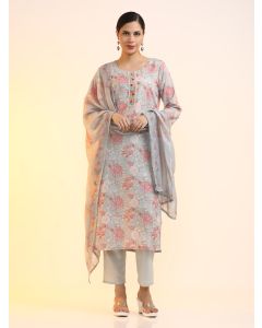 Embroidered Linen Floral Kurta Sets With Dupatta-2232 Grey