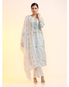 Embroidered Linen Floral Kurta Sets With Dupatta-2234 White