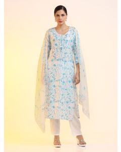 Embroidered Linen Floral Kurta Sets With Dupatta-2242 White