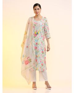 Embroidered Linen Floral Kurta Sets With Dupatta-2244 Cream