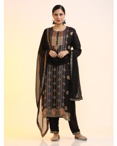 Embroidered Cotton Blend Floral Kurta Sets With Dupatta-2346 Black