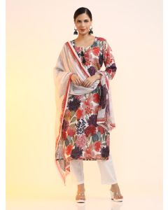 Embroidered Linen Floral Kurta Sets With Dupatta-2414 White