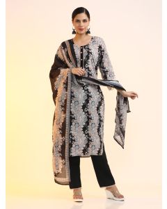 Embroidered Linen Floral Kurta Sets With Dupatta-2419 Black