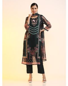 Embroidered Organza Floral Kurta Sets With Dupatta-2471 Dark Green