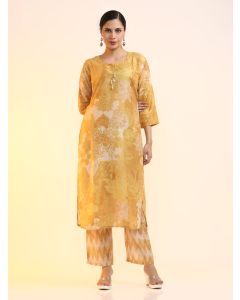 Printed Cotton Blend Floral Kurta Sets-2491 Mustard