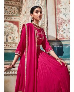 Pink Zardozi Work Floor Length Anarkali Kurta With Organza Embellished Dupatta