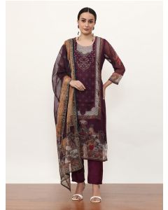 Embroidered Organza Floral Kurta Sets With Dupatta-2509 Maroon