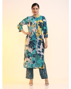 Printed Cotton Blend Floral Kurta Sets-2515 Green