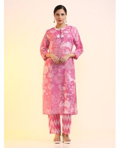 Printed Cotton Blend Floral Kurta Sets-2517 Pink