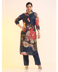 Printed Cotton Blend Floral Kurta Sets-2518 Blue