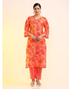 Embroidered Cotton Blend Floral Kurta Sets-2520 Orange