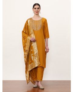 Embroidered Cotton Blend Solid Kurta Sets With Dupatta-2528 Mustard