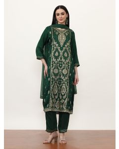 Embroidered Cotton Blend Floral Kurta Sets With Dupatta-2537 Green