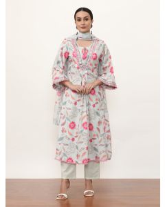 Embroidered Linen Floral Kurta Sets With Dupatta-2562 Off White