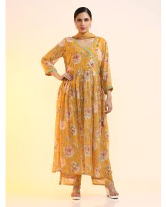 Embroidered Poly Chiffon Floral Kurta Sets With Dupatta-2574 Mustard