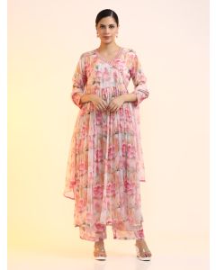 Embroidered Poly Chiffon Floral Kurta Sets With Dupatta-2575 Peach